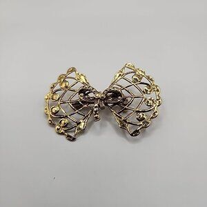 Vtg Antique Art Deco Layered Filigree Clear Rhinestone Bow Brooch Pin Gold Tone
